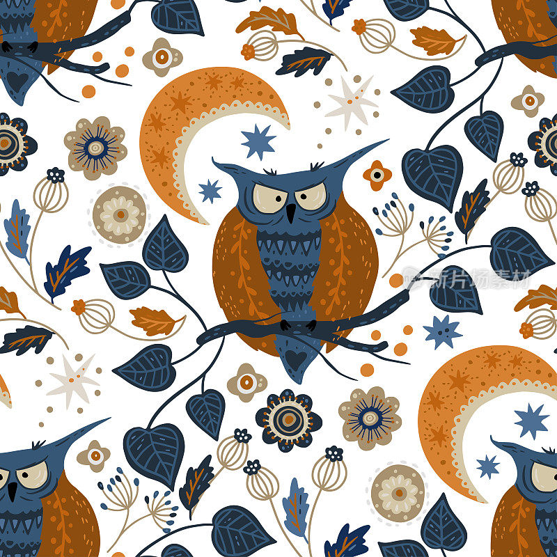 Nordic owl seamless vector pattern.
